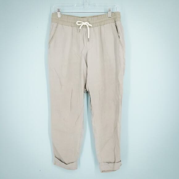 Athleta Size 4 Gray Bali Linen Drawstring Pull On Waist Tapered Leg Cuffed Pants - Picture 1 of 6